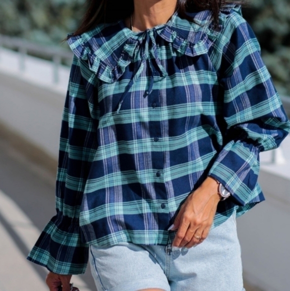 Topshop Tops - Topshop collared shirt blue plaid Peasant Baloon Sleeve Bohemian 8 Cottagecore